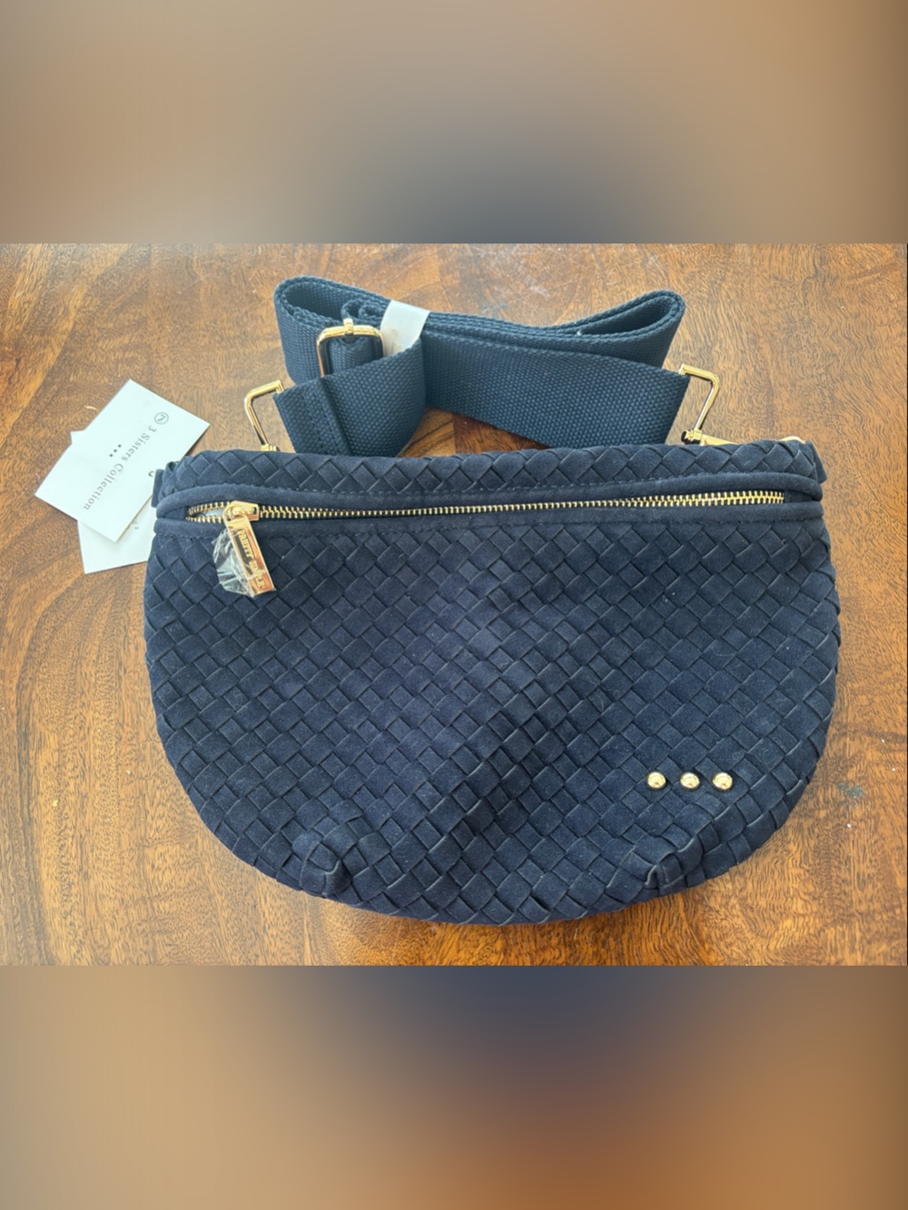 Woven Suede Navy Belt Bag with Gold Accents - Unbranded